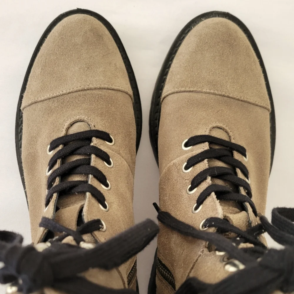 All Saints Lace Up Side Zipper Tan Taupe Suede Lug Combat Boots - Picture 3 of 13